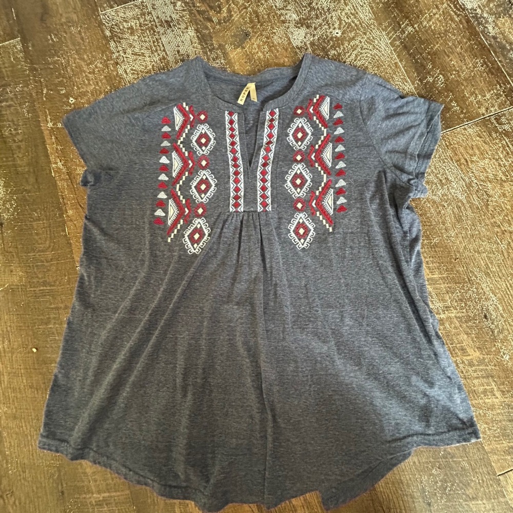 Roper Womens XL Navy Blue Embroidered V-Neck Split Back Western Boho Top